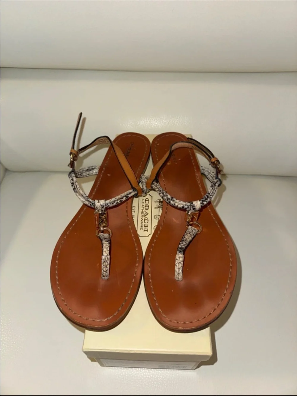 COACH BROWN LEATHER T-STRAP SANDALS WITH SNAKESKIN TRIM